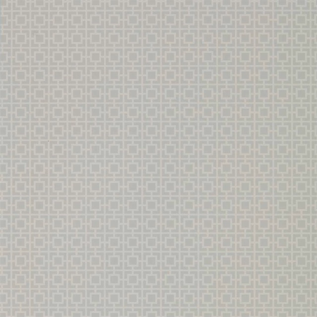 Soft stone-grey wallpaper with a small interlocking geometric lattice in warm ivory