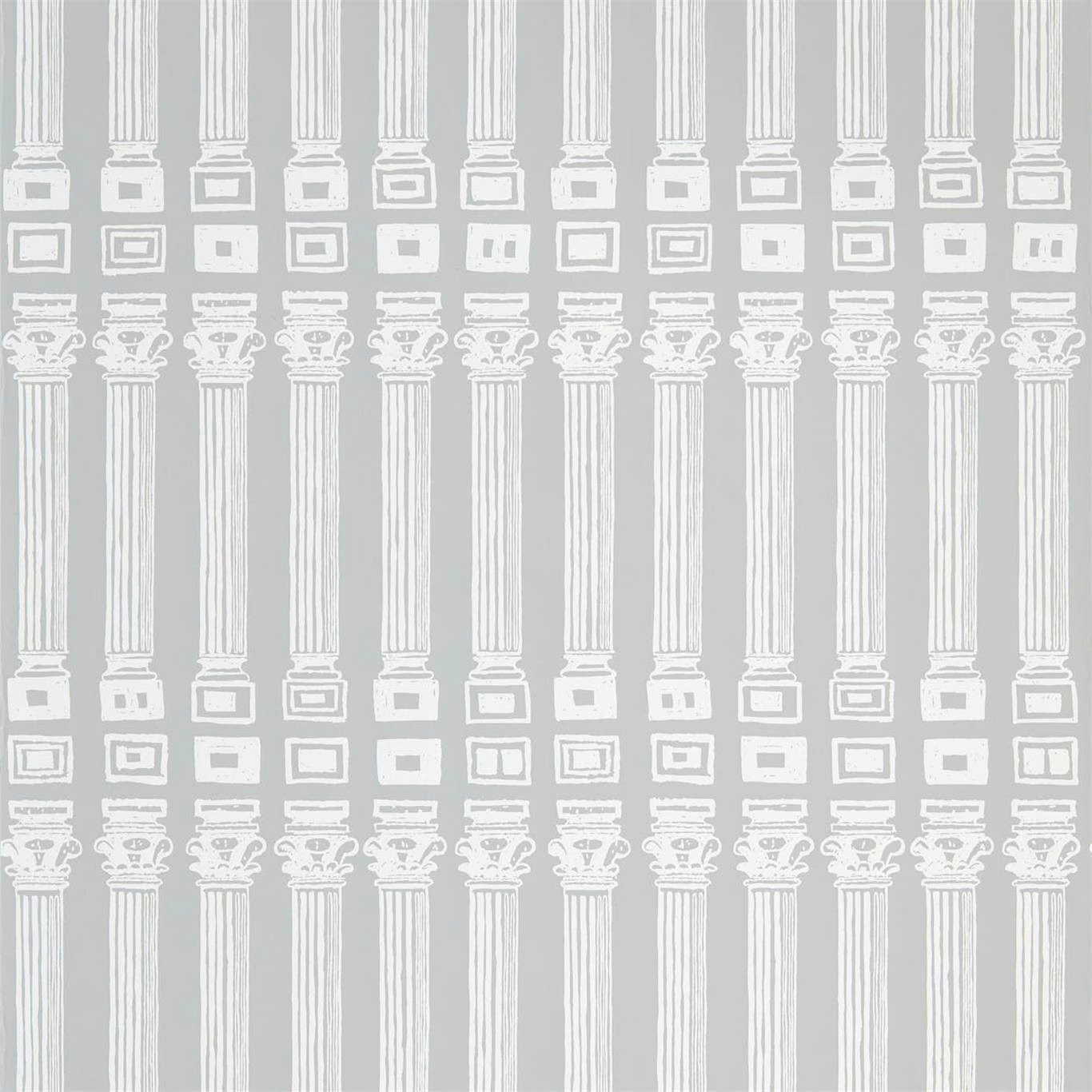 Cool dove-grey wallpaper with repeating white classical columns and ornate capitals
