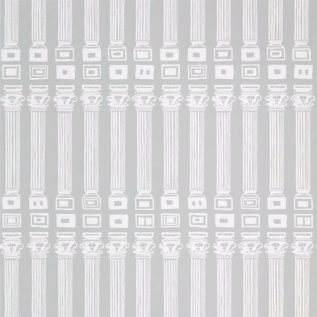 Cool dove-grey wallpaper with repeating white classical columns and ornate capitals