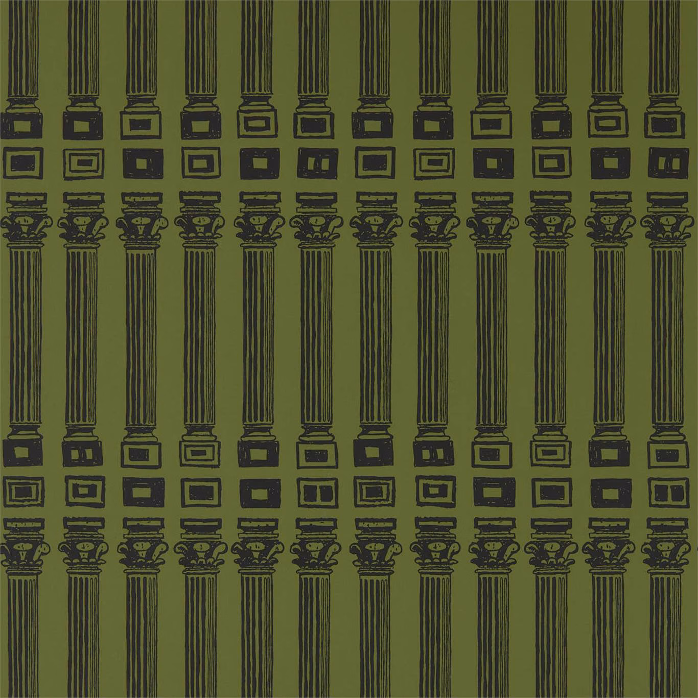 Olive-green wallpaper with repeating black fluted columns and pale inset blocks