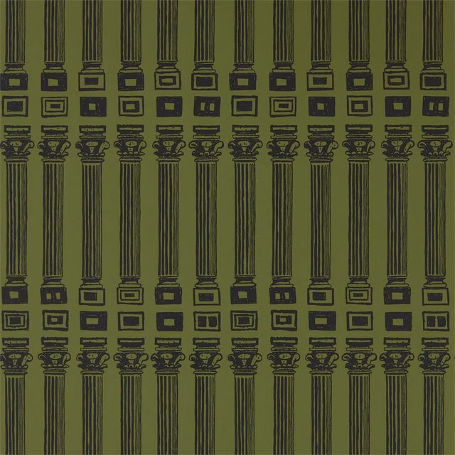 Olive-green wallpaper with repeating black fluted columns and pale inset blocks