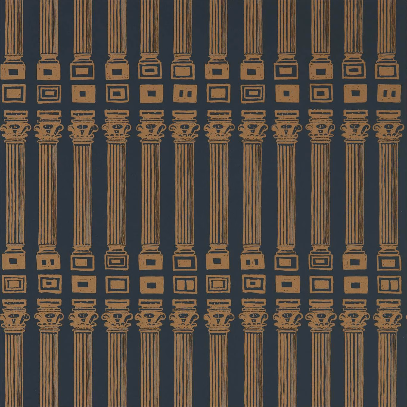 Black wallpaper with repeating antique-gold classical columns, capitals and square plinths