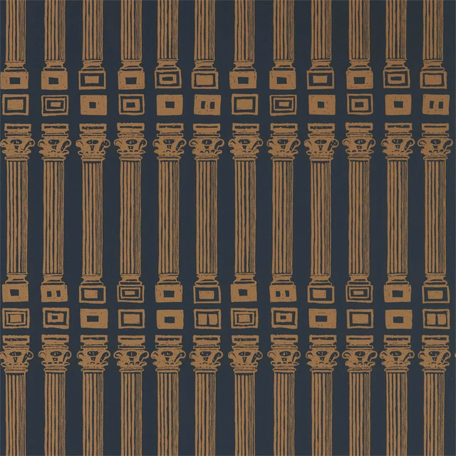 Black wallpaper with repeating antique-gold classical columns, capitals and square plinths