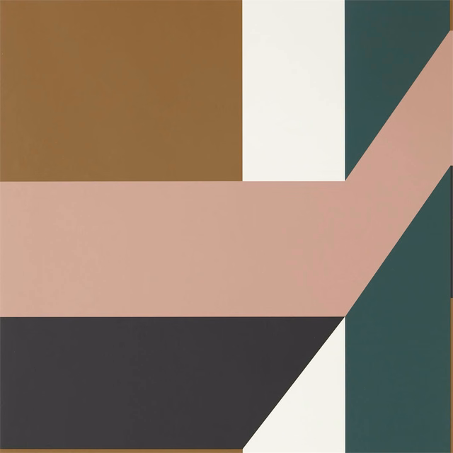 Geometric wallpaper with dusty pink diagonal band, amber, deep green and charcoal blocks
