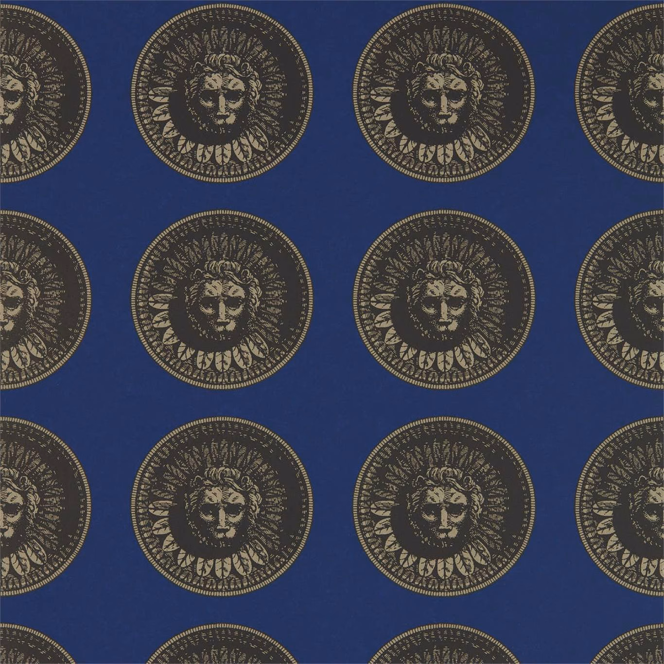 Deep lazuli wallpaper with nickel lion-head medallions in a repeating circular layout