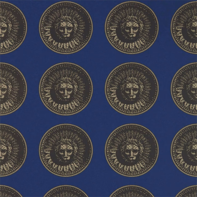 Deep lazuli wallpaper with nickel lion-head medallions in a repeating circular layout