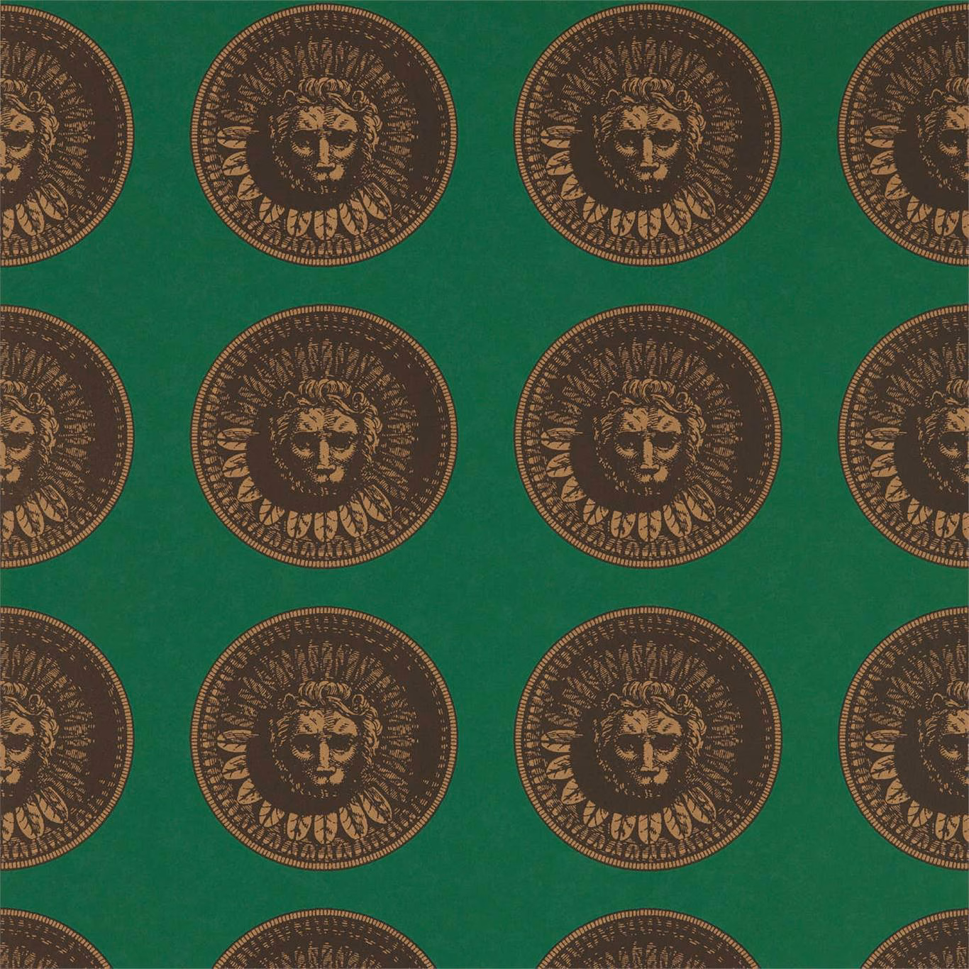 Malachite green wallpaper with repeated brown and antique-gold lion medallions