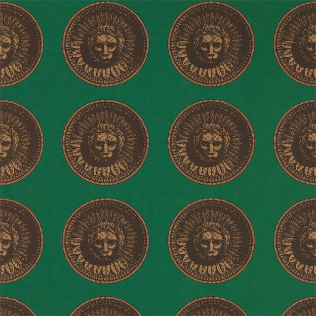 Malachite green wallpaper with repeated brown and antique-gold lion medallions