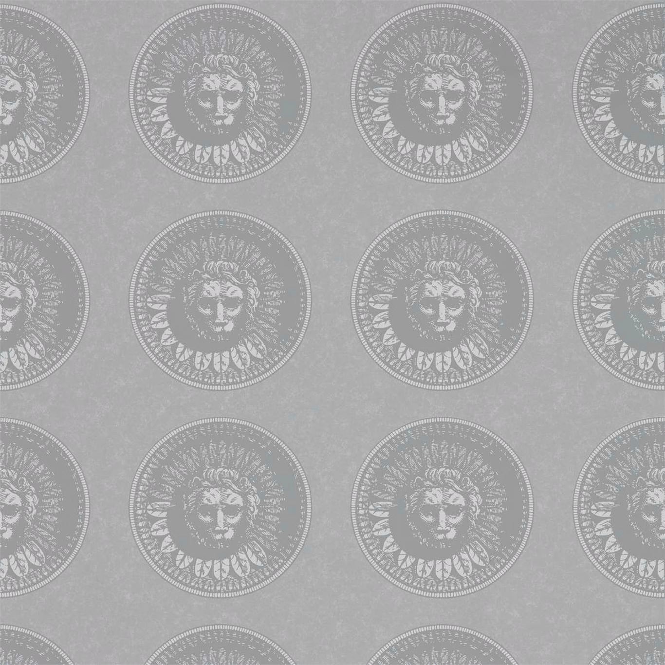 Silver-grey wallpaper with white classical face medallions and fine circular detailing