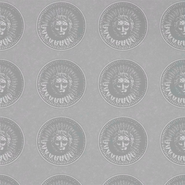 Silver-grey wallpaper with white classical face medallions and fine circular detailing