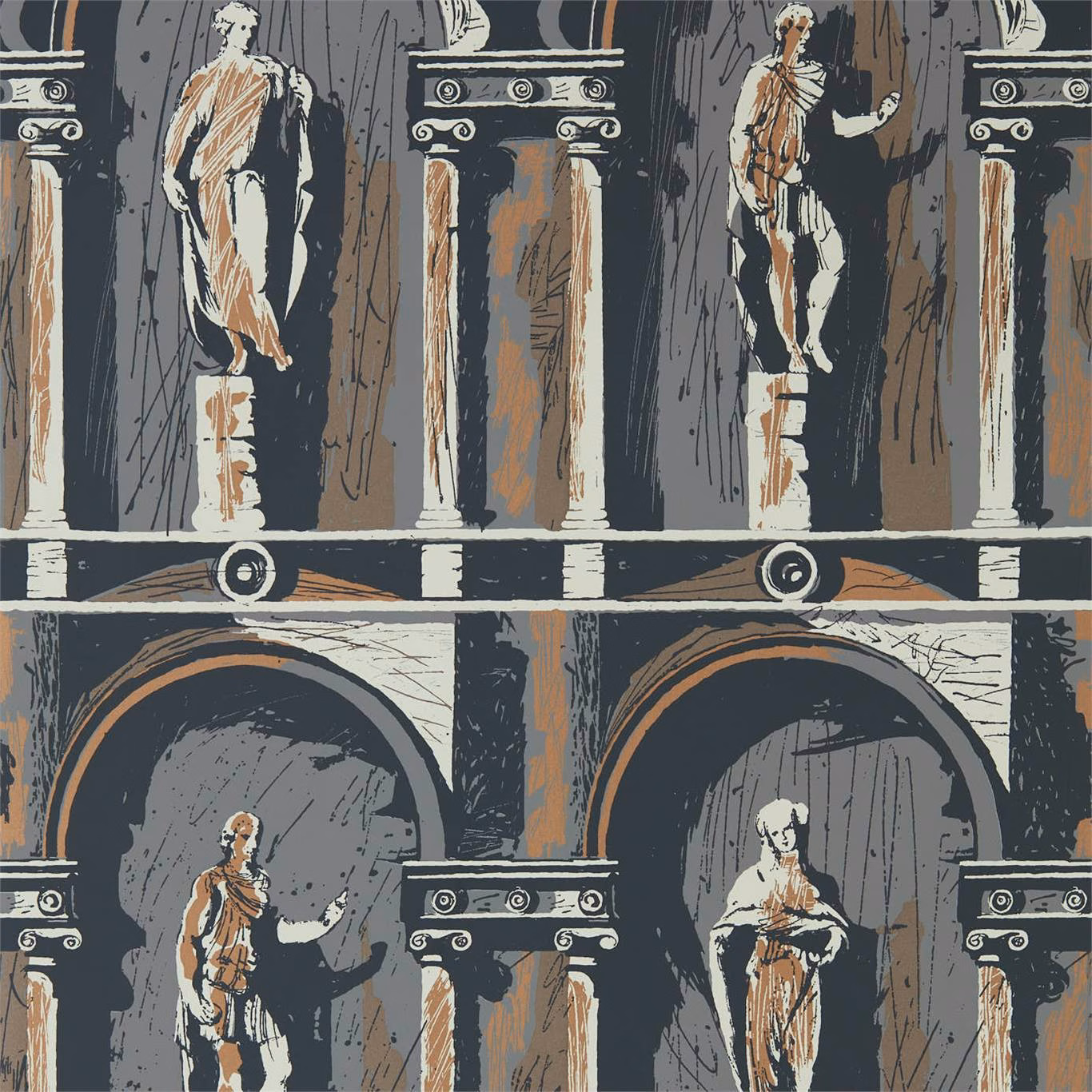 Cool grey wallpaper with bone classical figures, black columns and muted ochre arches