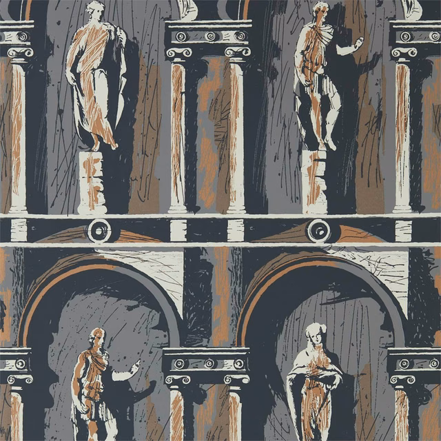 Cool grey wallpaper with bone classical figures, black columns and muted ochre arches
