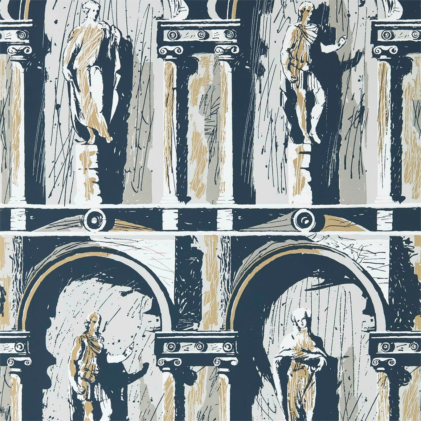 Platinum grey and ink wallpaper with classical figures, columns, arches and muted gold details