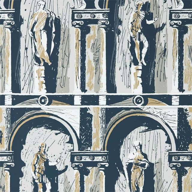 Platinum grey and ink wallpaper with classical figures, columns, arches and muted gold details