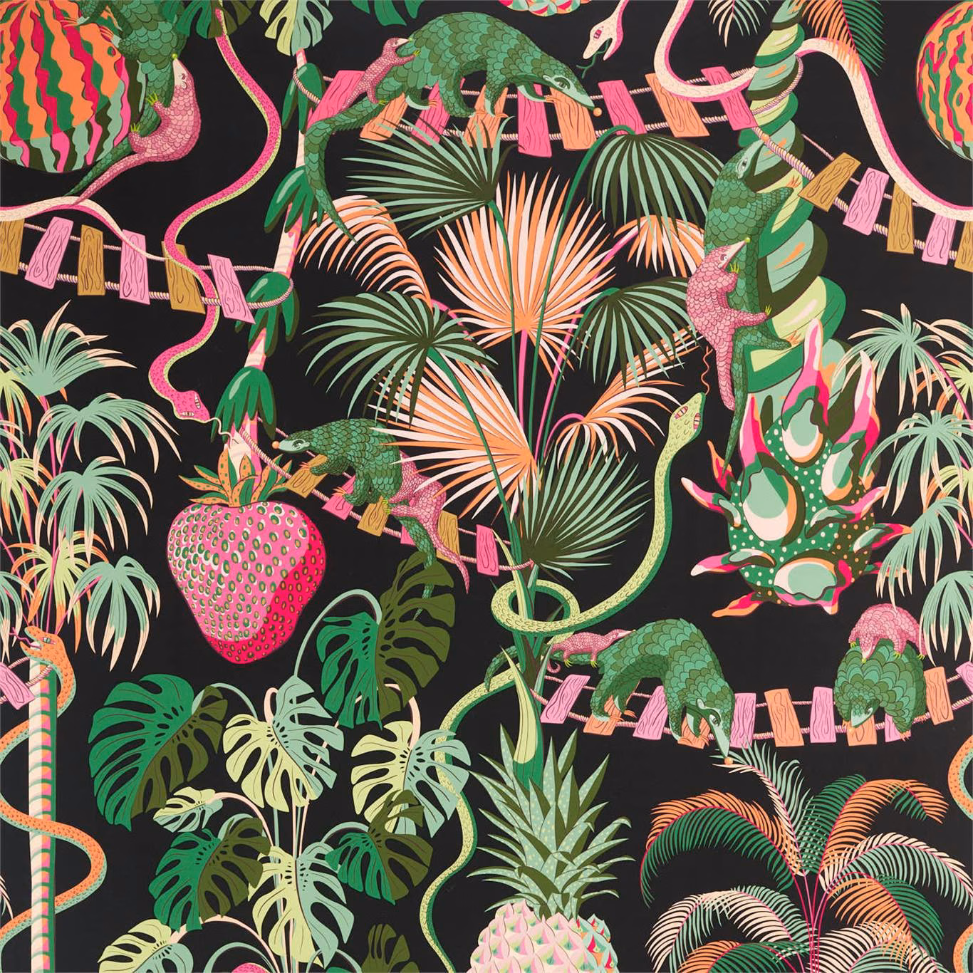 Vivid tropical wallpaper with green pangolins and pink flamingos on a black ground