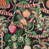 Vivid tropical wallpaper with green pangolins and pink flamingos on a black ground