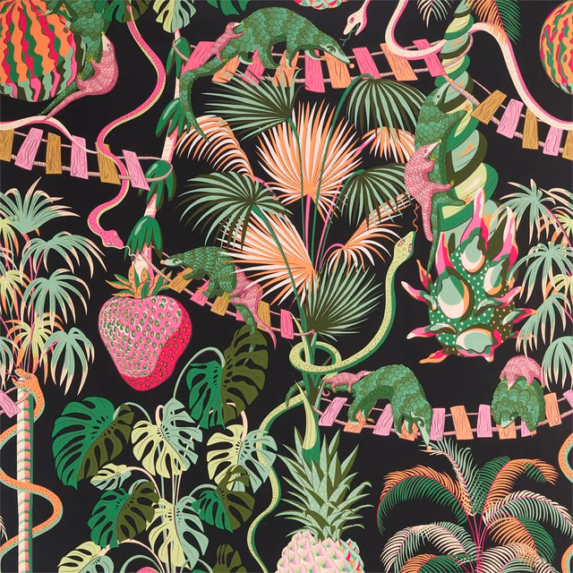 Vivid tropical wallpaper with green pangolins and pink flamingos on a black ground
