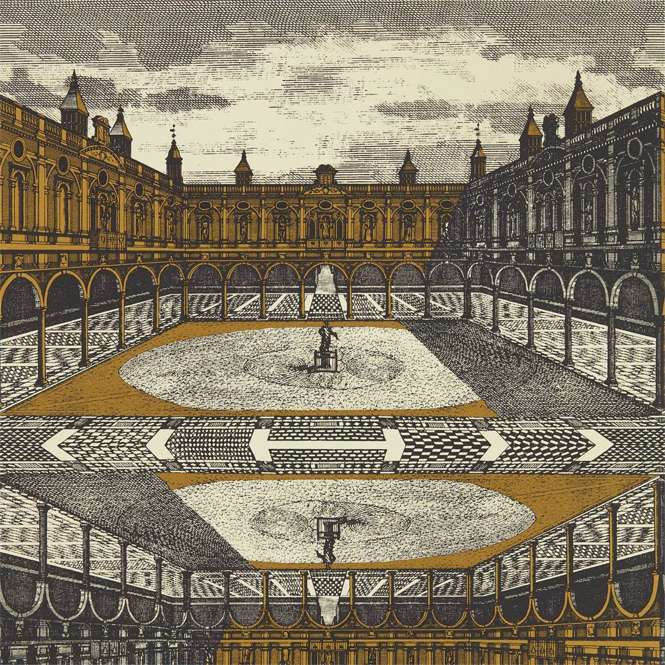 Charcoal grey and gold wallpaper showing an ornate courtyard with arches and fountain