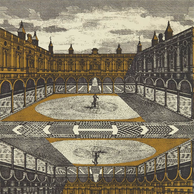 Charcoal grey and gold wallpaper showing an ornate courtyard with arches and fountain
