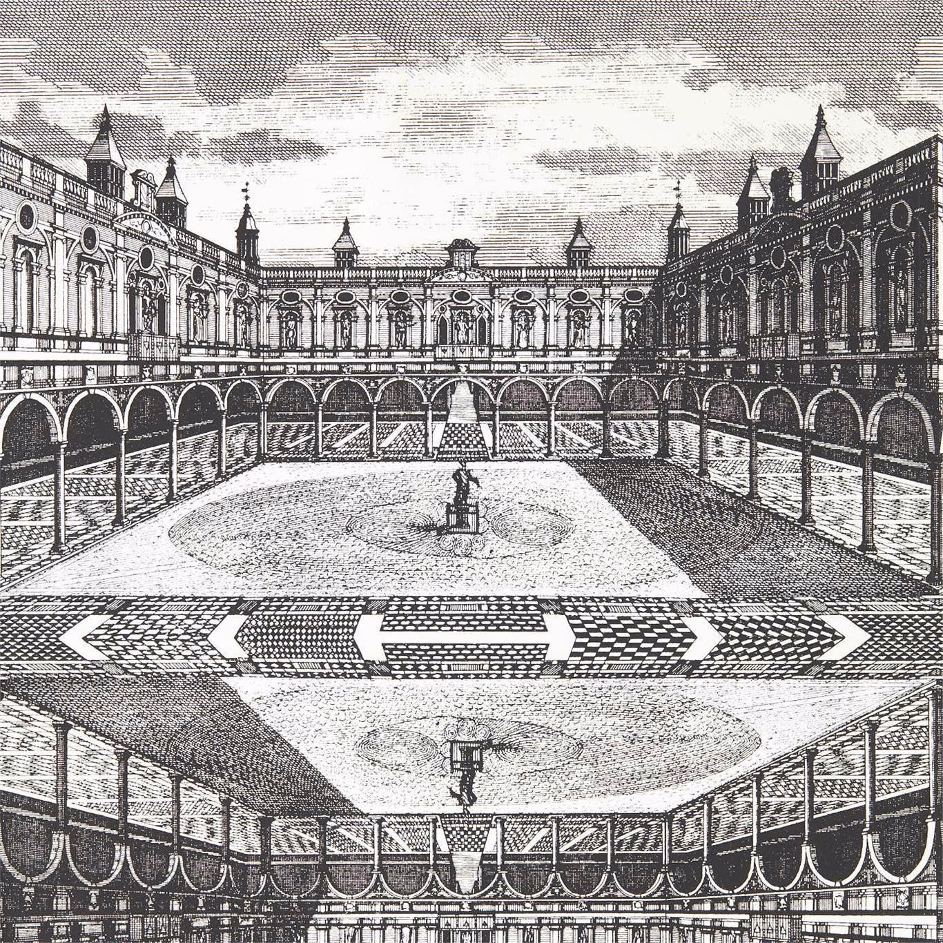 Monochrome Royal Exchange courtyard engraving in snow white and charcoal grey