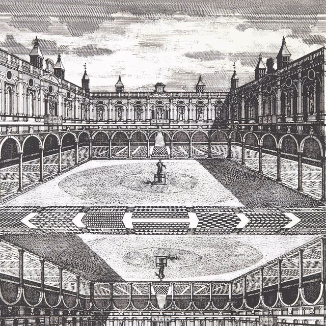 Monochrome Royal Exchange courtyard engraving in snow white and charcoal grey