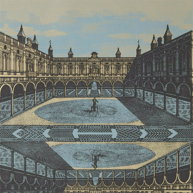 Grey and platinum wallpaper showing a grand arched courtyard with towers and central fountain