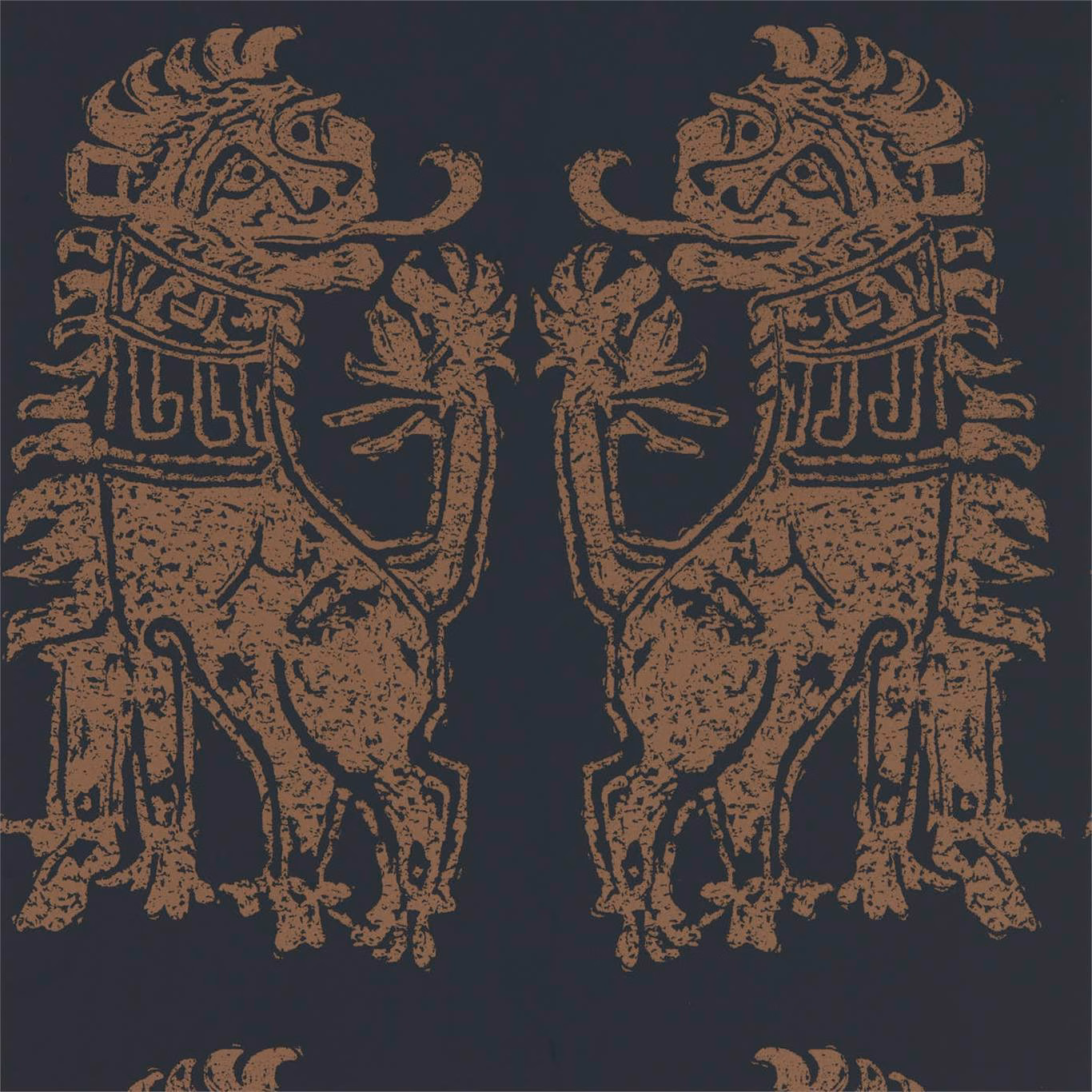 Charcoal black wallpaper with distressed copper lions in a mirrored heraldic repeat