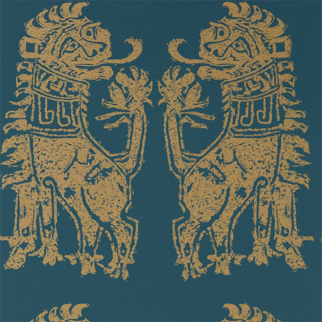 Mirrored ochre-gold lions on a deep teal distressed wallpaper ground