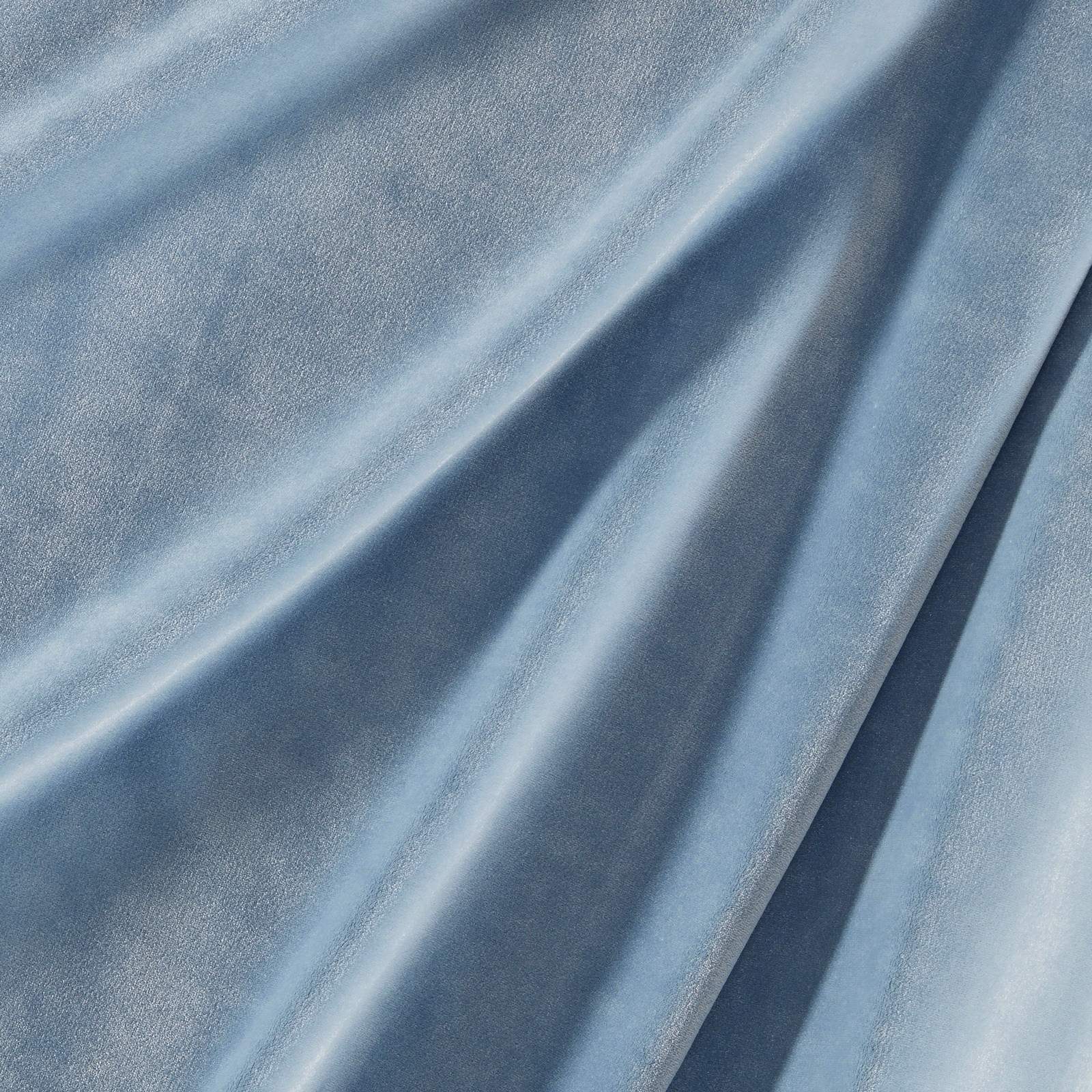 Cool blue-grey velvet with soft nap and bright diagonal fold highlights