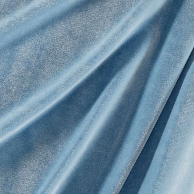 Cool blue-grey velvet with soft nap and bright diagonal fold highlights