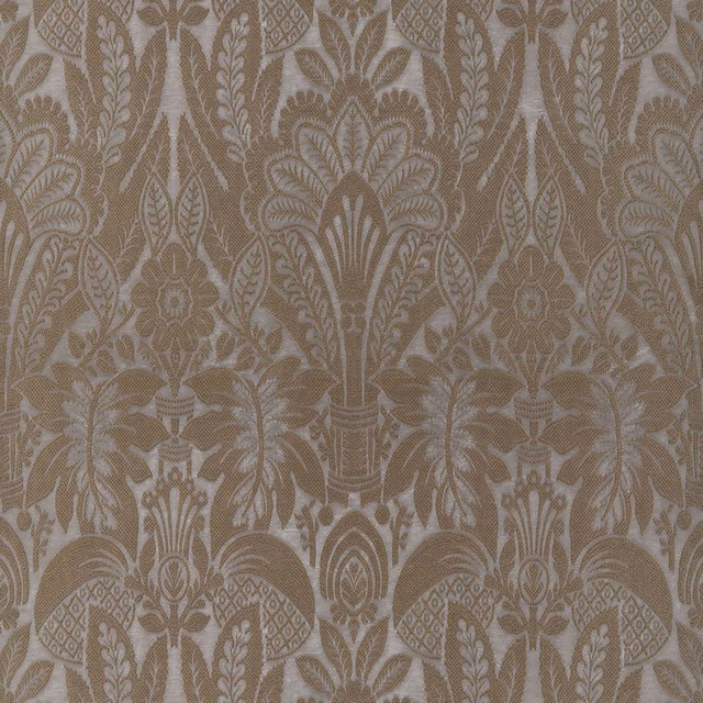 Muted antique bronze damask with pale woven urns, foliage and fan motifs