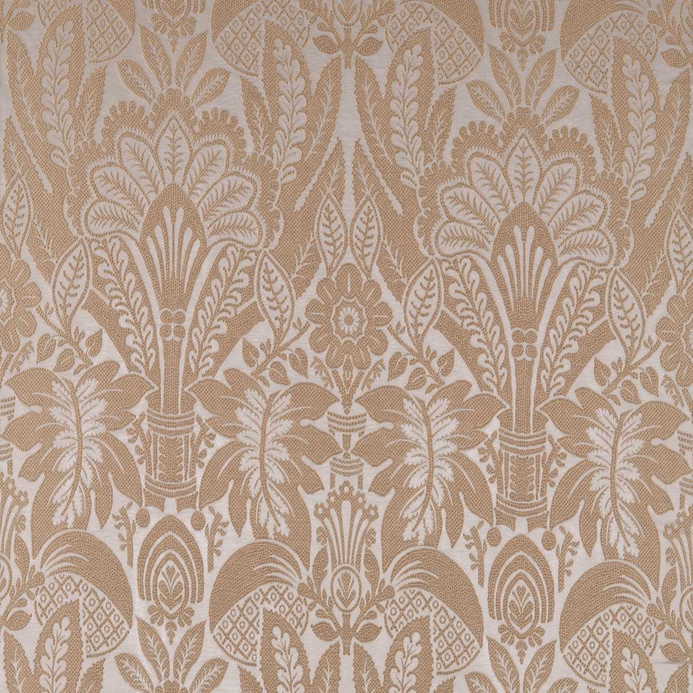Muted antique-gold damask with cream botanical urns, foliage and detailed woven motifs