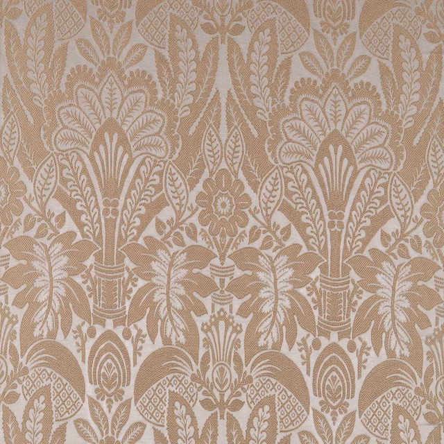 Muted antique-gold damask with cream botanical urns, foliage and detailed woven motifs