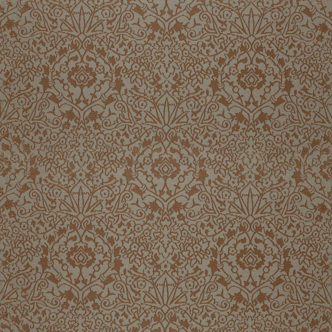 Warm taupe damask fabric with intricate henna-brown foliage and floral motifs