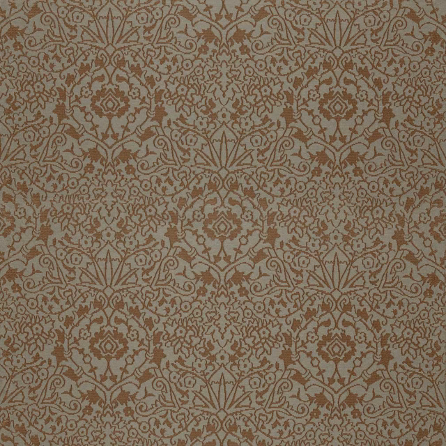 Warm taupe damask fabric with intricate henna-brown foliage and floral motifs