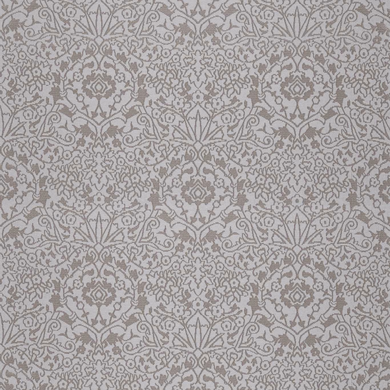 Dove-grey damask fabric with intricate scrolling foliage and symmetrical medallions