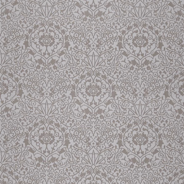 Dove-grey damask fabric with intricate scrolling foliage and symmetrical medallions