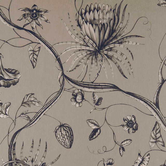 Muted bronze-taupe fabric with ink-dark protea blooms, curling stems and fine botanical detail