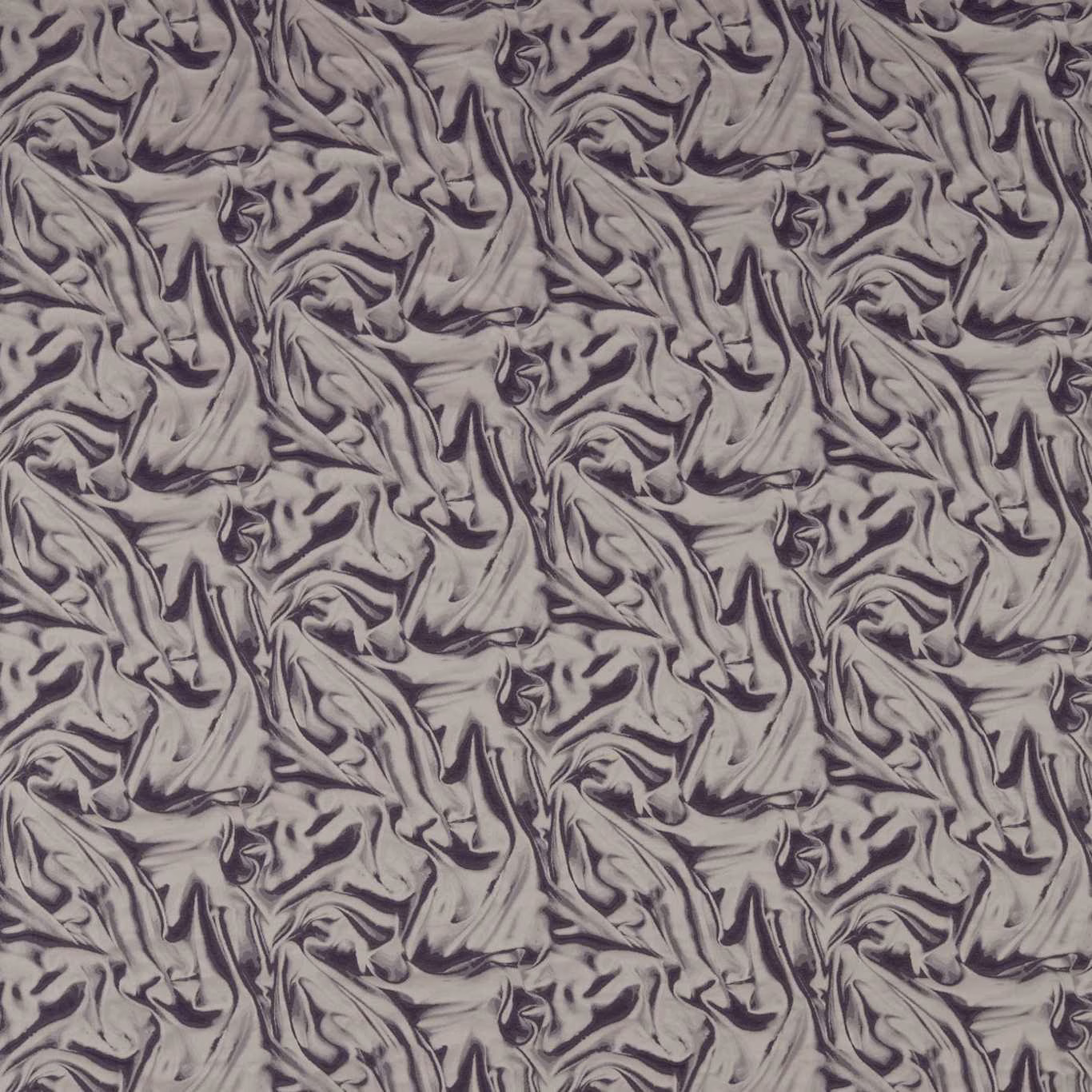 Smoky grey fabric with dense plum-grey, folded-feather abstract swirls