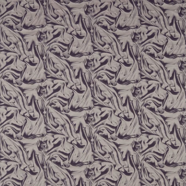 Smoky grey fabric with dense plum-grey, folded-feather abstract swirls