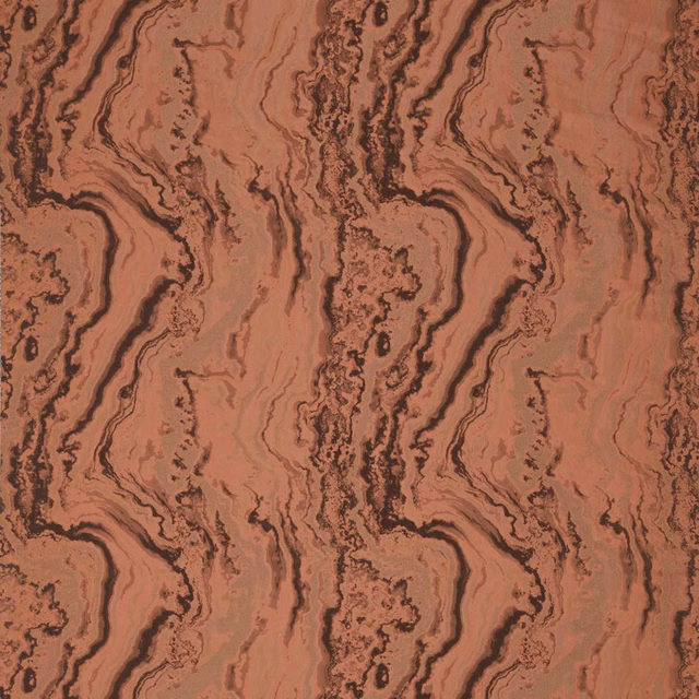 Warm henna terracotta fabric with dark brown serpentine marbling and subtle surface texture
