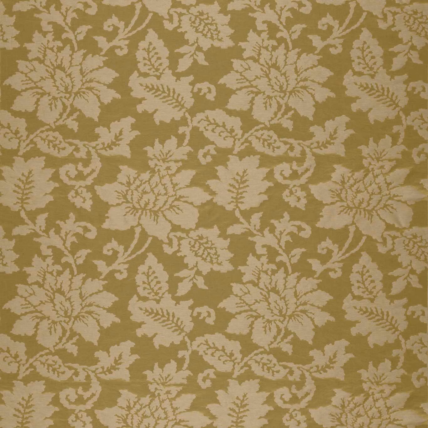 Muted olive chamomile ground with pale botanical damask and detailed woven leaves