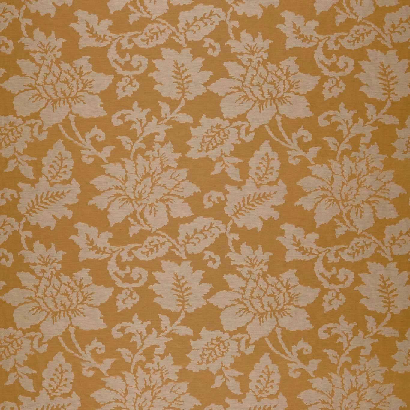 Warm ochre-gold fabric with pale woven flowers, leaves and scrolling damask motifs