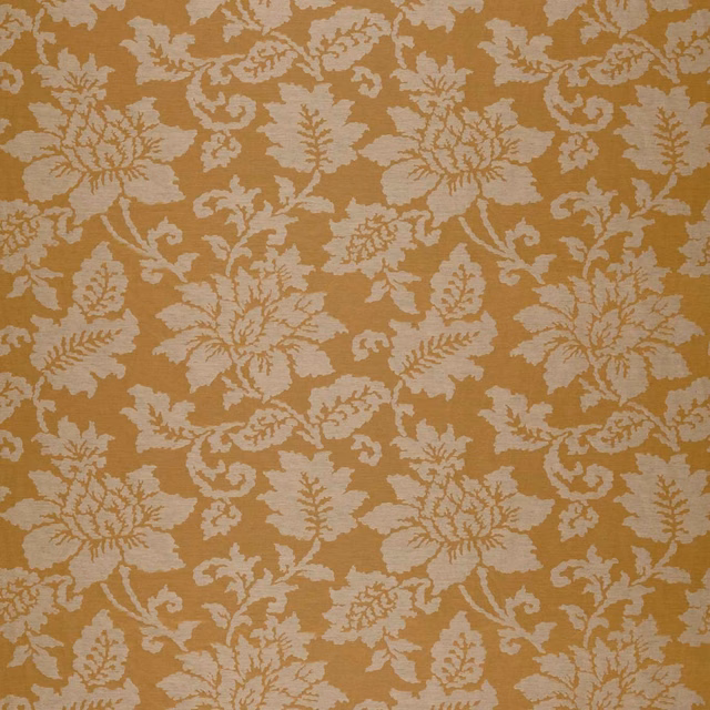 Warm ochre-gold fabric with pale woven flowers, leaves and scrolling damask motifs