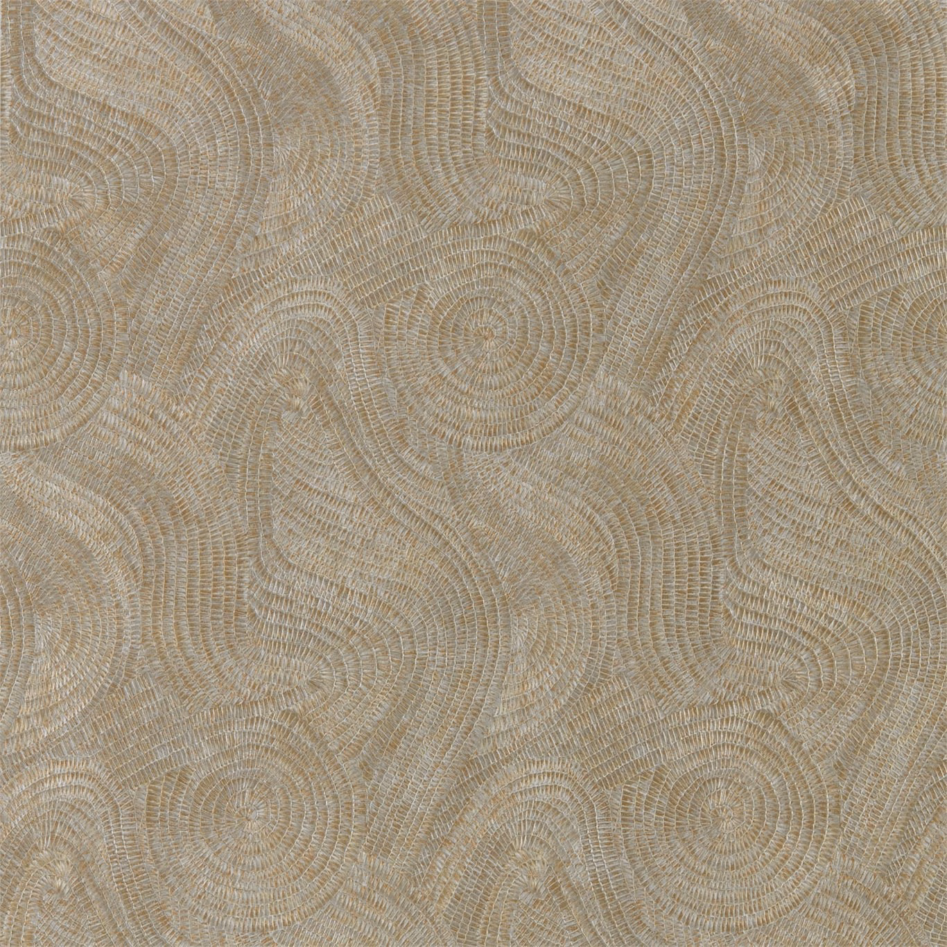 Muted antique-bronze wallpaper with fine concentric swirls and a softly metallic taupe ground