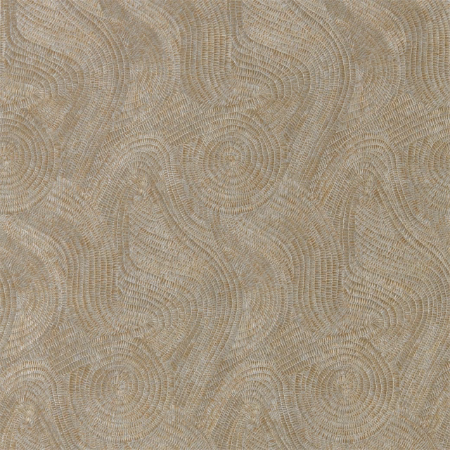 Muted antique-bronze wallpaper with fine concentric swirls and a softly metallic taupe ground