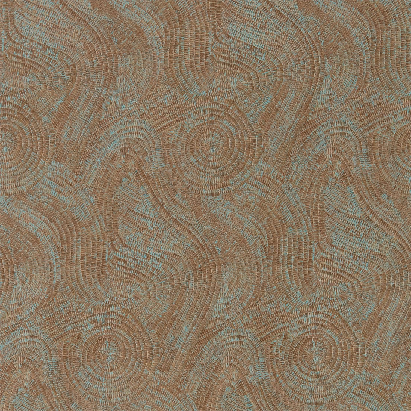 Oxidised copper wallpaper with blue-grey spiral paisley lines and a finely lined surface