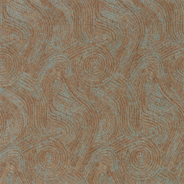 Oxidised copper wallpaper with blue-grey spiral paisley lines and a finely lined surface