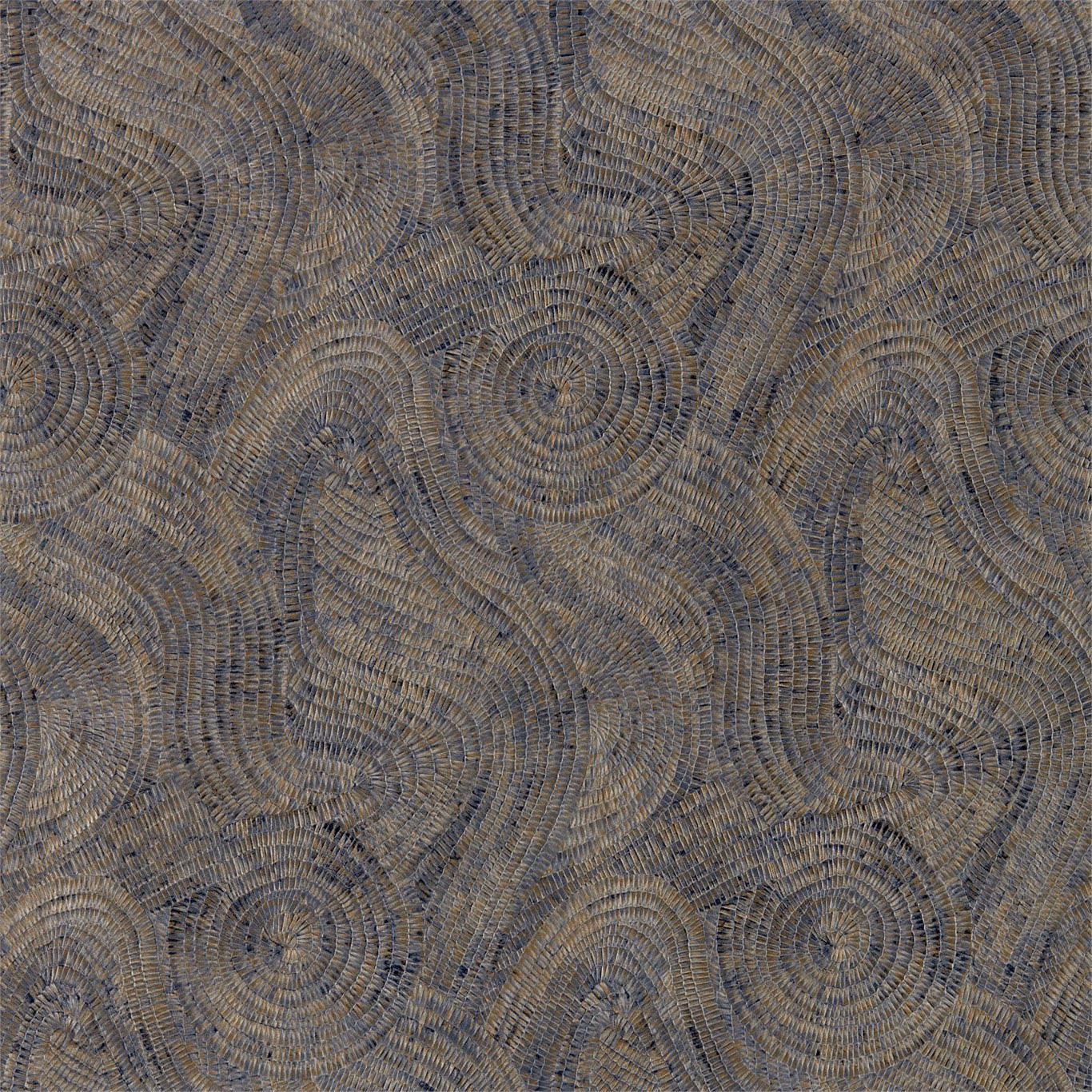 Blue-grey Prussian wallpaper with copper-toned swirling rosettes and fine striated texture