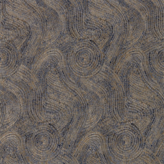 Blue-grey Prussian wallpaper with copper-toned swirling rosettes and fine striated texture